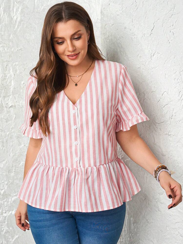 Plus Size Women Striped Single-Breasted Short Sleeve Ruffle Hem Casual Blouse Summer Beach Vacation Going Out Top