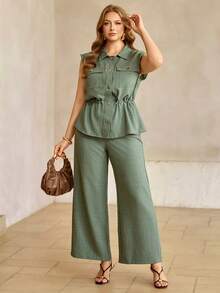 Roveilla Damen Hemd in Große Größen mit Kragen, Metallknopfverschluss, Cargo-Taschen, Tunnelzug in der Taille, verstellbarer Saum mit Metallschweinenasen-Schnalle, Militärgrünes Hemd + Hose mit elastischem Bund, weites Bein, eleganter französischer Vintage-Stil, geeignet für Büro, Pendeln, Lässig, Strand, Nachmittagstee, Straße, vielseitig einsetzbar, bequem für Frühling/Sommer - Armeegrün - Übersicht 6