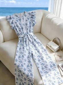 GlowEve 女士优雅休闲碎花圆领短袖收腰阔腿连体裤，春夏款 - 藍白色 - 查看 1