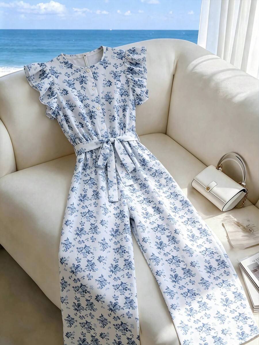 GlowEve 女士优雅休闲碎花圆领短袖收腰阔腿连体裤，春夏款 - 藍白色 - 查看 1