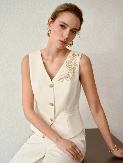 MOTF PREMIUM CHALECO TIPO CHAQUETA CON CUELLO EN V, PATRÓN FLORAL CON LENTEJUELAS Y CUENTAS