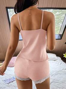 Dream Adore Bộ đồ ngủ 2 mảnh gồm áo hai dây và quần short ôm sát, phối ren mới, gợi cảm, thích hợp cho mùa xuân/hè. - Hồng - Xem 2