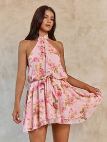 Enchnt Women's Pink Floral Summer Mini Dress,Boho Tea Party Holiday Backless Halter Neck Sweet&Elegant For Vacation&Date&&Valentine's Day Outfit - Apricot - View 1