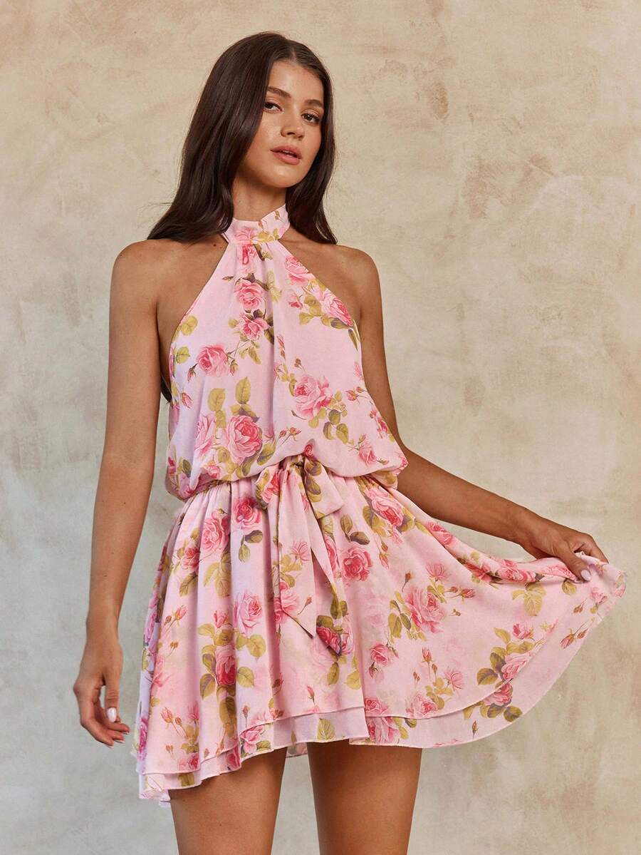 Enchnt Women's Pink Floral Summer Mini Dress,Boho Tea Party Holiday Backless Halter Neck Sweet&Elegant For Vacation&Date&&Valentine's Day Outfit - Apricot - View 1