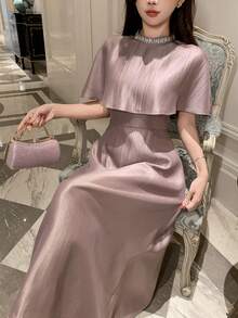 DAZY 女士优雅纯色水钻装饰中长连衣裙 夏季婚礼宾客礼服 女士吊带裙 - 紫色 - 查看 4