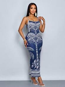 SOLERSUN 优雅性感气质休闲通勤度假长裙，花卉波西米亚风女士修身吊带裙 - 藏蓝色 - 查看 4