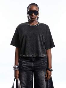 SHEIN EZwear Áo thun ngắn tay cỡ lớn chất liệu cotton đã qua xử lý, họa tiết bông tuyết, thích hợp cho mùa xuân. - màu đen - Xem 3