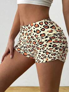 SHEIN EZwear Leopard Print Ruffle Hem Fitted Shorts, Suitable For Daily Wear, Sports And Parties - Multicolor - View 6
