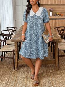 SHEIN LUNE 女士休闲加大码碎花镂空领泡泡袖A字迷你连衣裙 - 适合曲线身材的田园风休闲连衣裙，适合日常穿着/通勤/休闲度假/浪漫约会/上学/海滩度假 - 藍色 - 查看 4