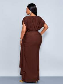 SOLERSUN Bộ đồ hai mảnh cỡ lớn mùa xuân/hè mới về: Áo không tay bóng bẩy với thiết kế bất đối xứng, cúc kim loại và chân váy xếp ly. - Cà phê nâu - Xem 4