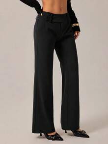 SHEIN PETITE 女士时尚休闲复古口袋喇叭裤，复古风，商务休闲女装，外出穿搭，返校季，巧克力色喇叭裤，休闲裤，复古裤，秋季 - 黑色 - 查看 8