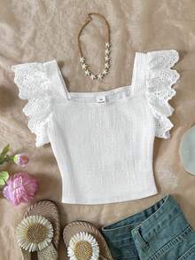 SHEIN 少女时尚夏季网纱刺绣方领T恤 - 白色 - 查看 1