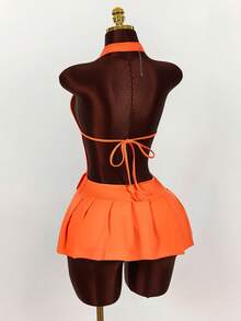 Amplova Deep V-Neck Metal Belt Buckle Decor Slit Pleated Bodycon Dress - Orange - View 10