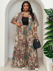 SHEIN Lady 大码复古印花宽松优雅百搭两件套，夏季 - 彩色 - 查看 4