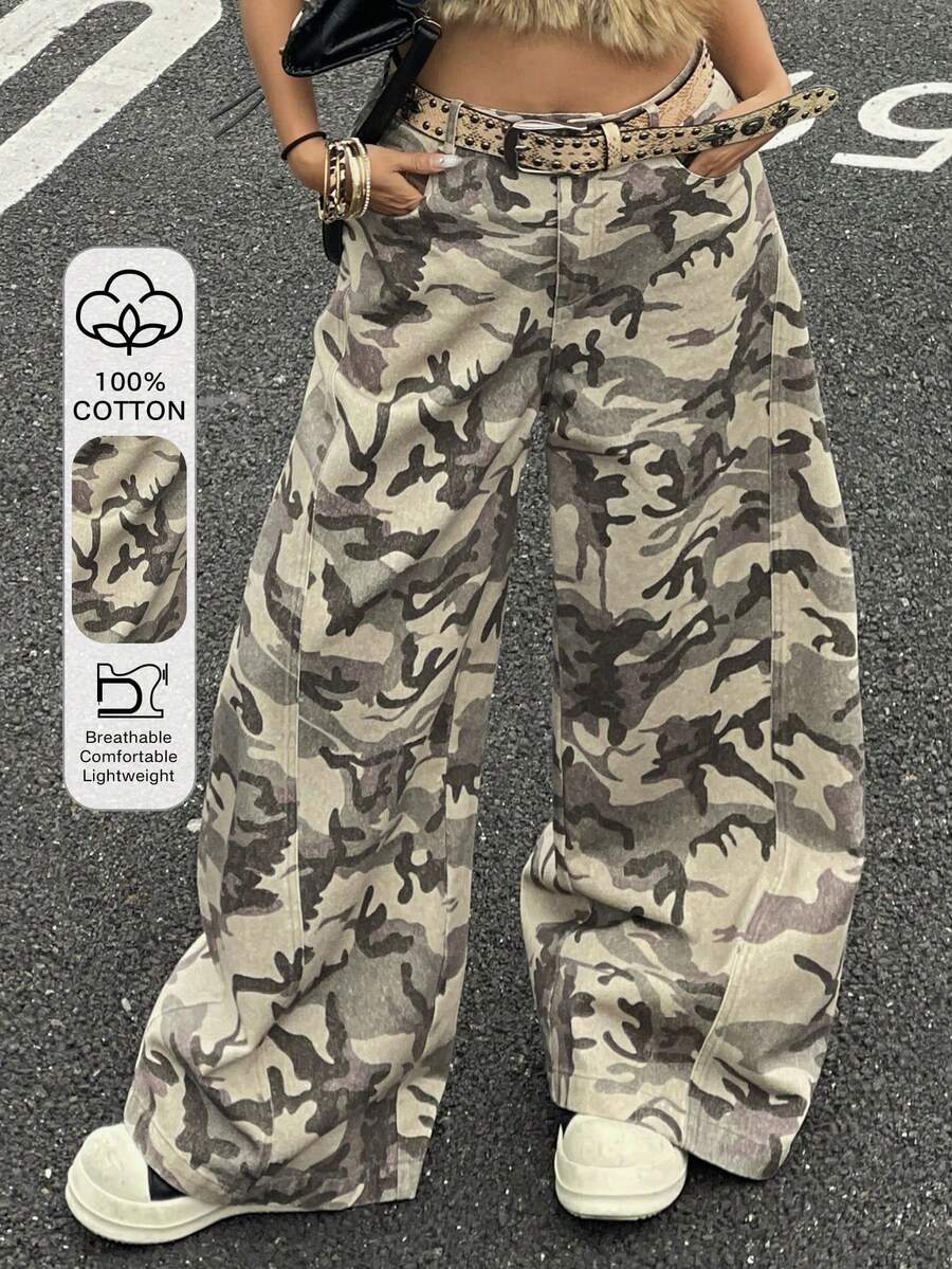 DAZY Camouflage Washed Loose Wide Leg Pants, Casual Street Style Women Long Trousers, Spring/Autumn - Army Green - View 1