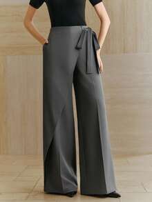 Anewsta 高腰不对称下摆系带蝴蝶结宽松休闲通勤长裤（女款） - 灰色 - 查看 6