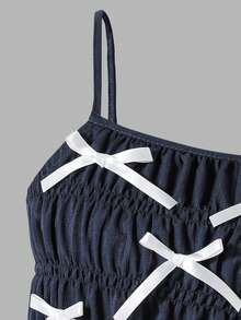 SHEIN Sparklyn Bộ trang phục mùa hè cho bé gái: Áo hai dây kẻ sọc thắt nơ và quần ống đứng. - Xanh đậm - Xem 8