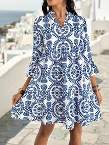 EMERY ROSE 女式度假植物图案V领喇叭袖休闲迷你连衣裙 - 彩色 - 查看 1