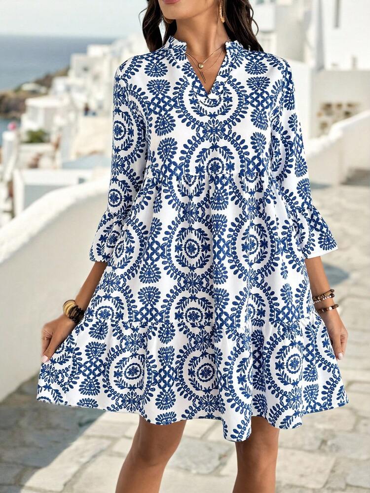Women's Vacation Casual All-Over Print Notch Neck Short Dress,Summer Dresses For Women