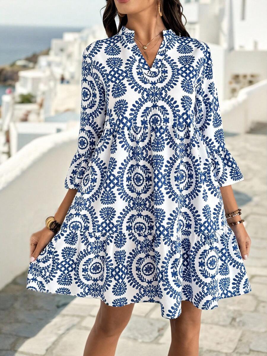 EMERY ROSE 女式度假植物图案V领喇叭袖休闲迷你连衣裙 - 彩色 - 查看 1