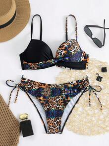 Swim Lushoire Leopard Print Cross Strap Push Up Underwire Bikini Set - Multicolor - View 5