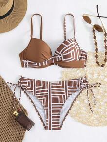 Swim Lushoire Geometric Print Cross Strap PUSH UP Underwire Bikini Set - Multicolor - View 6