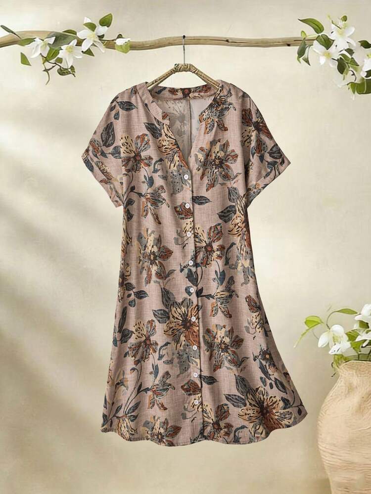Plus Size Notched Neck Short Sleeve Front Button Casual Elegant Dress\Summer\Vacation  Summer Dress  Summer Outfits Summer Clothes Spring Dress Spring Outfit Women Spring Clothing Country Style For Women Country Dress For Women