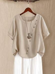 Linhara Plus Size Women Summer Casual Vacation Daily Commute Solid Color Button Decor Blouse - Khaki - View 4