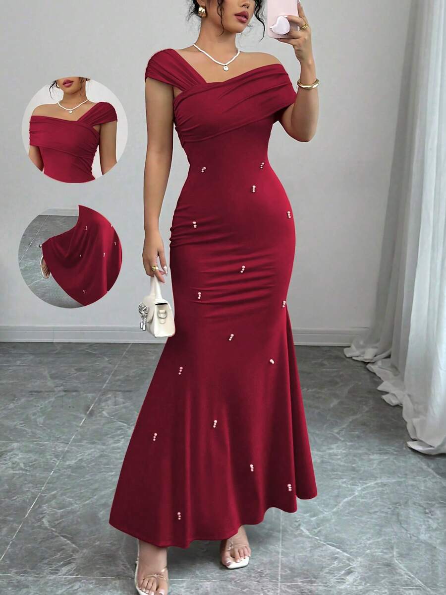 Rafferiza 优雅奢华不对称领口红色直筒串珠美人鱼连衣裙，女士春夏款 - 酒紅色 - 查看 1