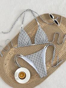 Swim Vcay Bộ bikini tam giác cổ yếm bằng vải dệt họa tiết, trang trí ngọc trai, dành cho nữ, mùa hè. - Đen và trắng - Xem 2