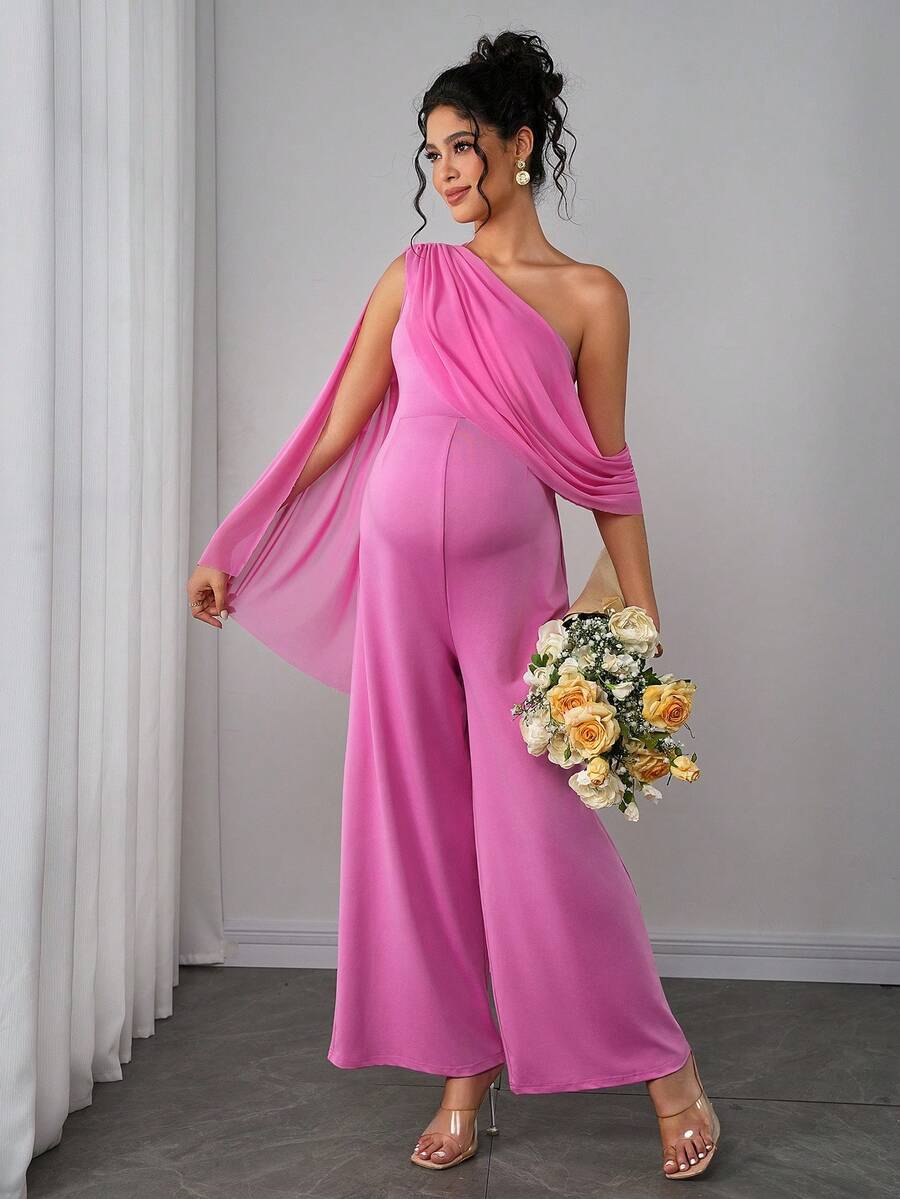 Momance Maternity Sleeveless Jumpsuit With Shawl Collar, Mesh Overlay, Knit Fabric, Flared Leg, Zipper Closure - Pink - View 1