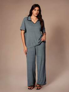 Lazeform 大码V领休闲磨毛短袖上衣和裤子家居服套装，显瘦，春夏款 - 霧霾藍 - 查看 3