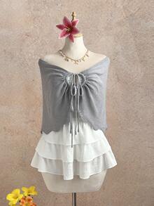 Elamini 女士休闲百搭简约前系带薄款开衫 - 灰色 - 查看 5