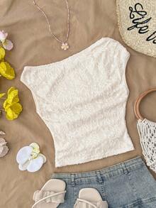 SHEIN 少女杏色针织提花修身不对称褶皱短款上衣，适合春夏穿着，休闲、优雅、日常百搭。 - 杏色 - 查看 2