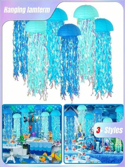 3 Pieces Blue Hanging Jellyfish Paper Lanterns, Gradient Colored Paper Lanterns For Mermaid Theme Party, Undersea Ocean Birthday Decorations, Shower Garland Mermaid Party Decorations, Colorful Blue Hanging Streamers For Birthday, Baptism, Wedding, Party Decorations, Wall Decorations, Ornaments
