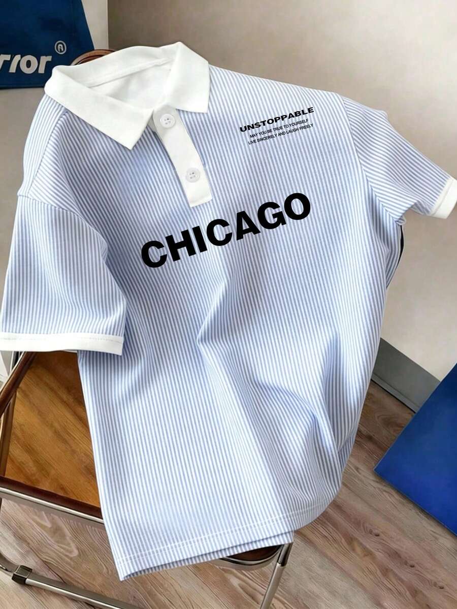 Manfinity Joysei 男士休闲条纹字母 Polo 衫，适合上学和外出穿着 - 淺藍色 - 查看 1