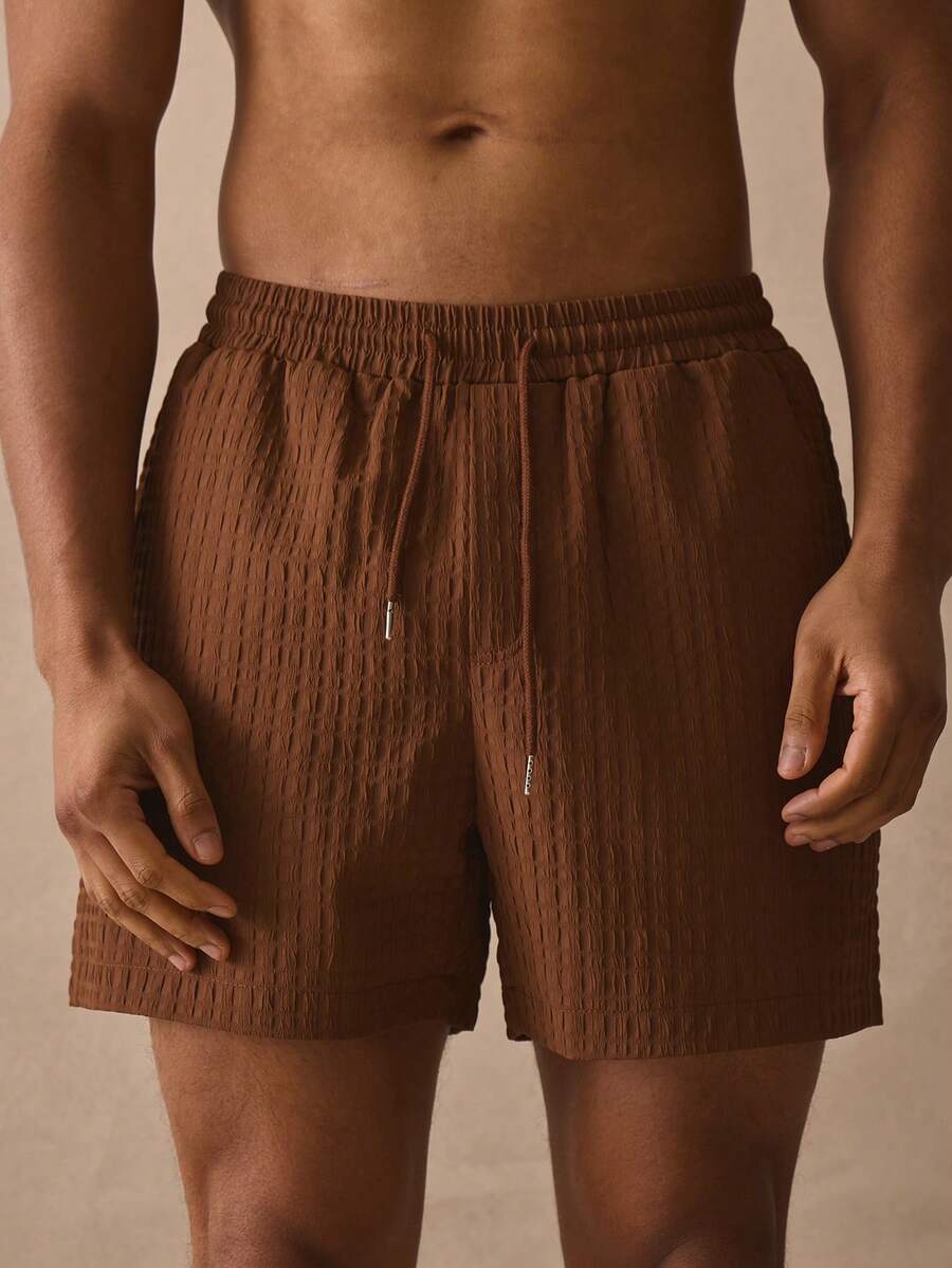 Musero 弹力抽绳腰带纹理泳裤，春夏度假必备，泳池边沙滩风。 - 棕色 - 查看 1