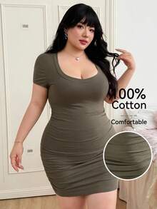 SHEIN EZwear Plus Size Women's Casual Fitted Elastic Green Round Neck Ruched Mini Dress, Dolman Sleeves, Style Bodycon Short Curvy - Army Green - View 8