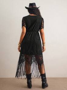 Freevana 夏季乡村音乐节纯色度假风蕾丝连衣裙，高开衩设计 - 黑色 - 查看 2