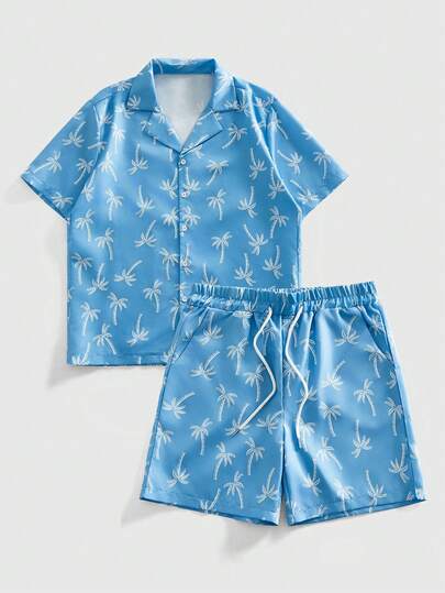 ROMWE MEN Men's Summer Beach Vacation Coconut Tree Print Shirt Set