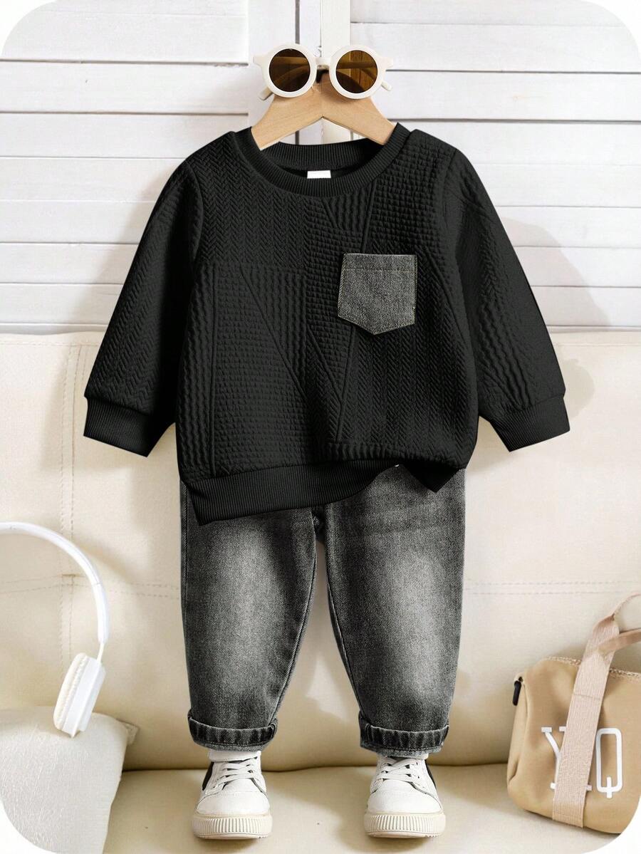 SHEIN 2 件套男婴/女婴休闲白色运动衫和蓝色牛仔长裤运动服，男女通用秋冬婴儿服装 - 黑色 - 查看 1