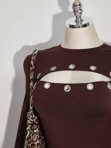 SHEIN ICON 大码女式休闲时尚街头简约纯色镂空系带连衣裙，腰部饰有金属孔眼，春秋季 - 棕色 - 查看 9