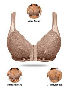 Women's Comfortable Solid Color Shiny Smooth Bra Flower Lace Scallop Without Underwire Soft Cup Front Closure Buckle Bra - Mocha Brown - View 5