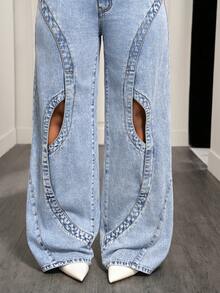 BamGleam Fashionable Casual Cutout Design Wide Leg Jeans For Women - Blue - View 5