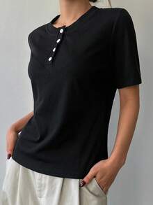 DAZY Solid Color Casual Half-Placket Fitted Short Sleeve Commuter Short Sleeve T-Shirt, Spring/Summer - Black - View 2