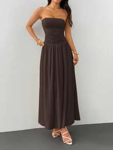 SHEIN PETITE 优雅纯色连衣裙 - 棕色 - 查看 8