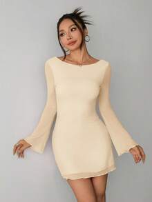 SHEIN PETITE Women's New Sexy Backless Trumpet Sleeve Mesh Dress For Early Autumn Open Back Dress Elegant Mini Dress Creme Dress Long Sleeve Midi Dress Women's Dresses - Apricot - View 5