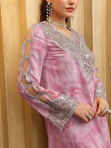 Al Najma Women's Purple Tie Dye Print Dress With Embroidery, Beaded Lace Trim, Loose Waist Design, Elegant & Slimming - Dusty Pink - View 3