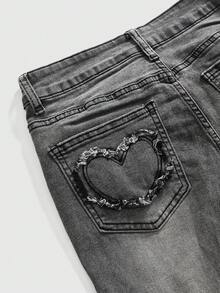 ROMWE Grunge Punk حزام خصر مشقق بإبزيم معدني قلب بطراز Y2K الرجعي لسراويل جينز نسائية ضيقة ذات قصة واسعة - رمادي - مشاهدة 4