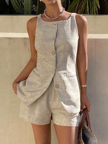 DAZY Women's Solid Color Matching Long Vest And Straight Shorts Elegant Vacation 2 Pieces Set Spring Summer Lounge Sets Grey - Khaki - View 4